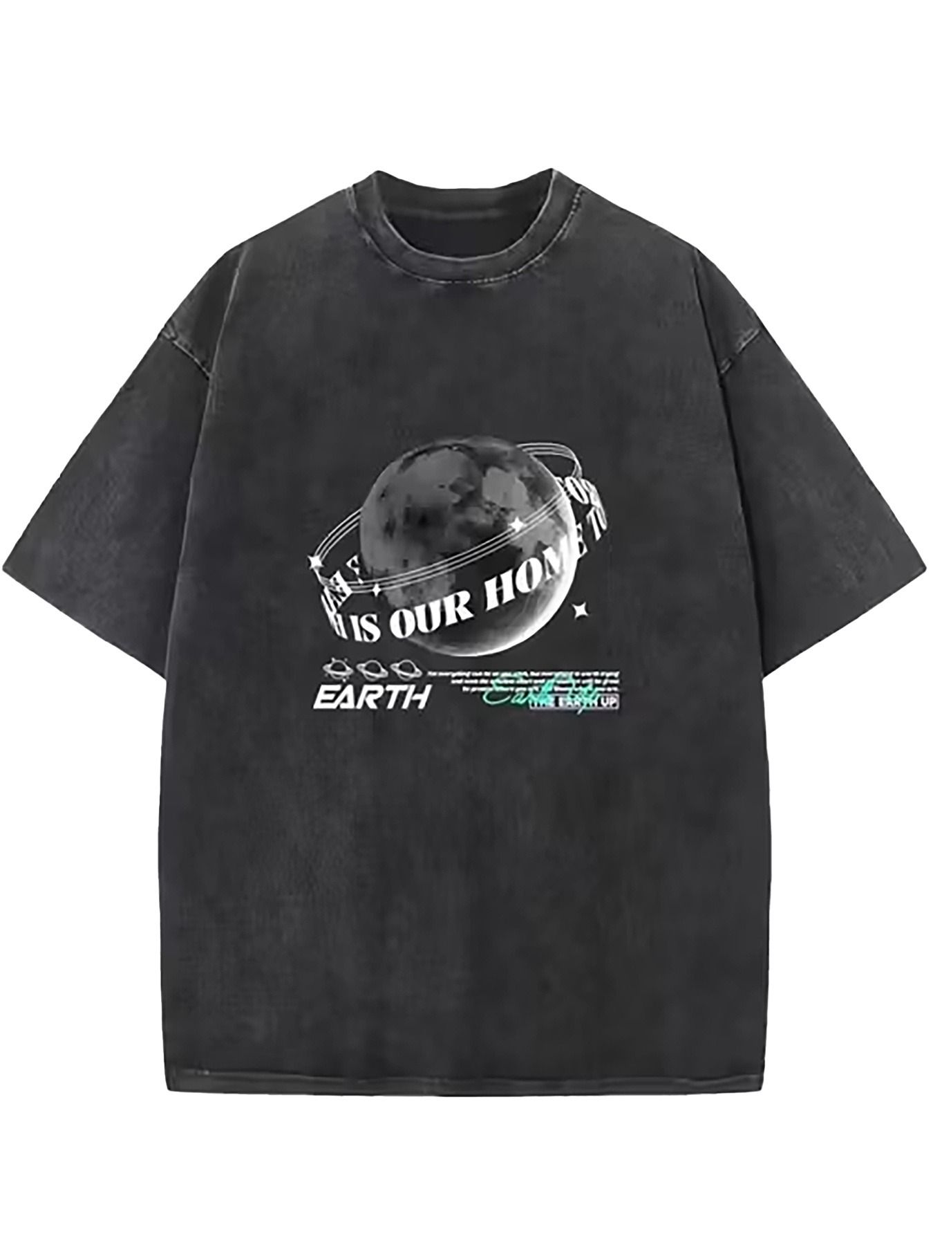 Street Fashion Theme - Men's Loose Black T-Shirt with Earth-Themed
