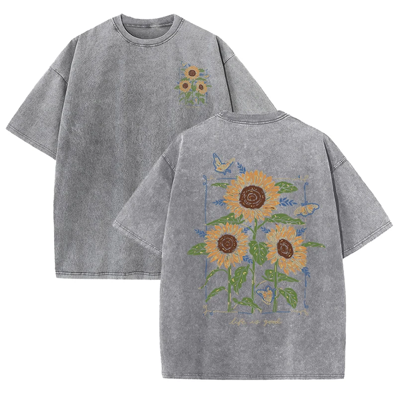 sunflower print washed T-shirt - đánh giá và giá Street Fashion Shanghai