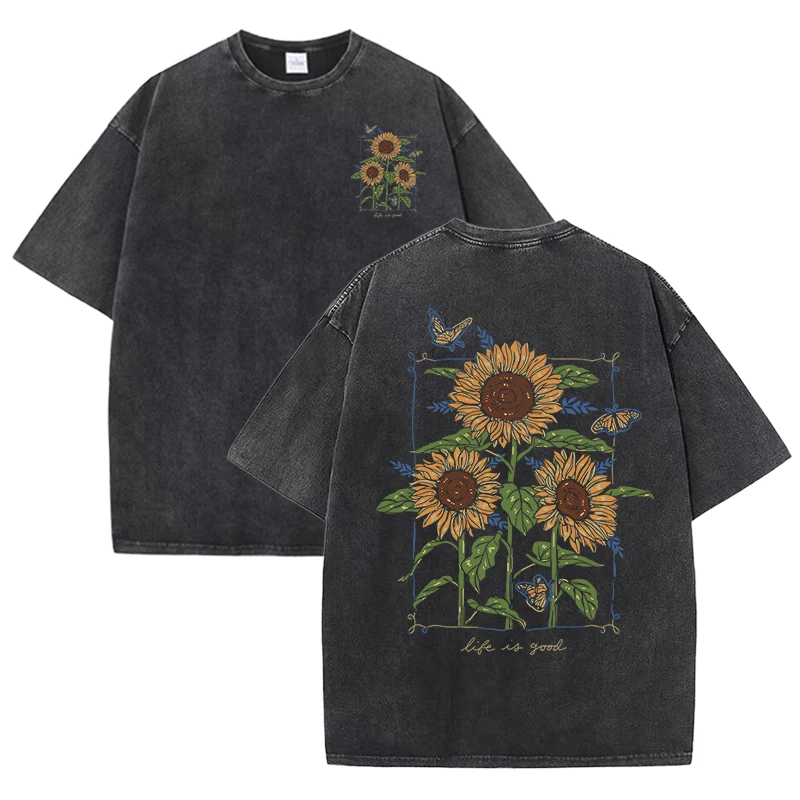 sunflower print washed T-shirt - đánh giá và giá Street Fashion Shanghai