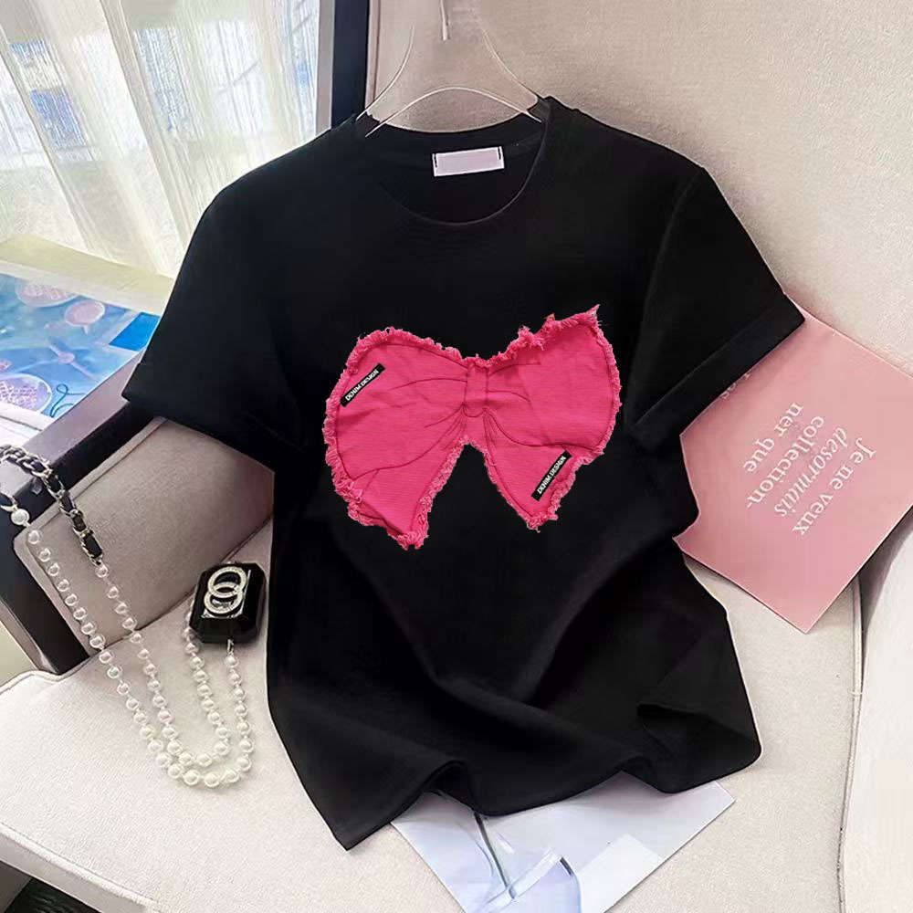 Rose Red Denim Bow Tie O-Neck  - đánh giá và giá Street Fashion Shanghai